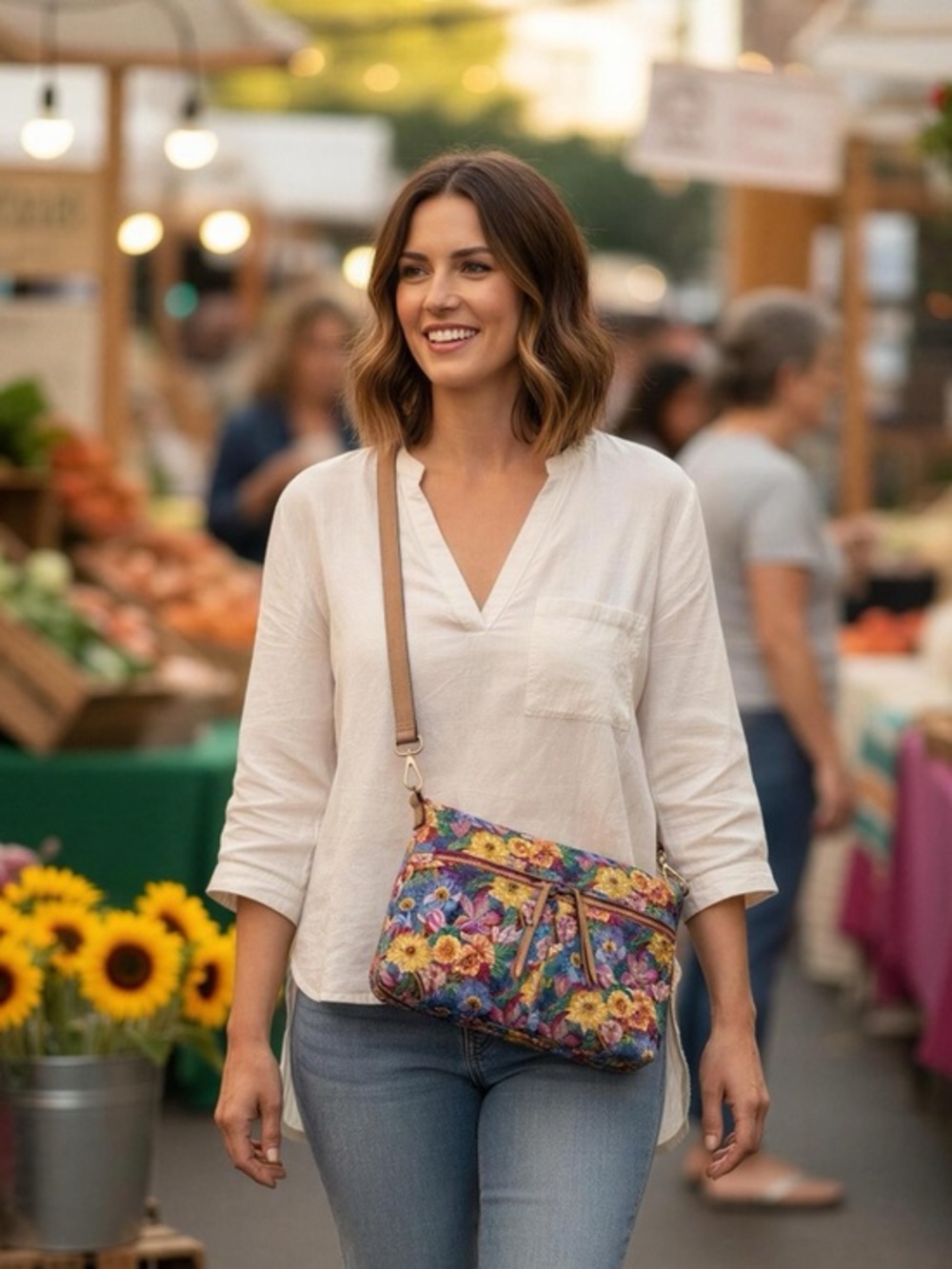 ANTONIO MELANI Floral Crossbody Bag with Brown Strap